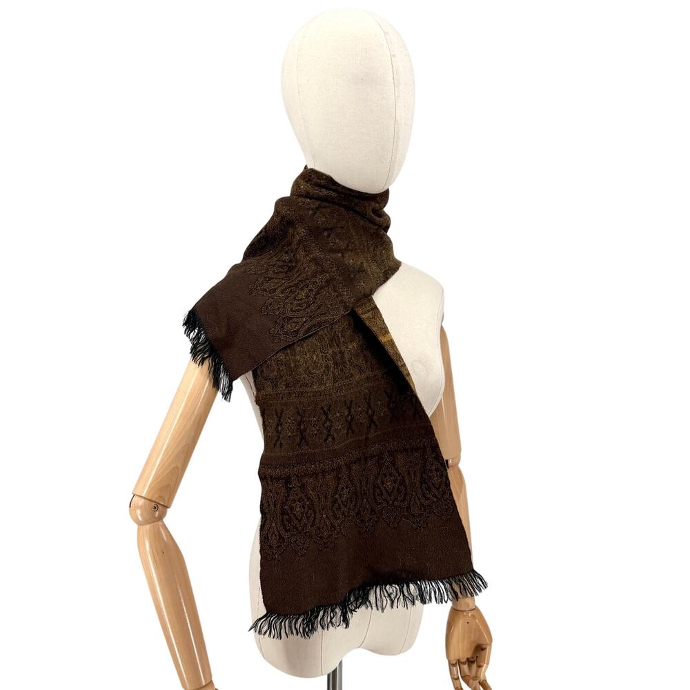 Vintage Y2K Olive Green Paisley 100% Wool Woven Fringe Oblong Scarf